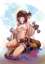  arknights bare_shoulders bikini bird black_choker black_hair black_shorts blue_eyes breasts choker dd9 earrings eunectes_(arknights) female food highres ice_cream jewelry large_breasts long_tail looking_at_viewer multicolored_hair navel pointy_ears short_hair short_shorts shorts snake_tail solo swimsuit tail tan water white_bikini 