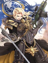  adepta_sororitas armor assault_rifle blonde_hair blue_eyes crossover earth_(planet) english_text female flag fleur-de-lis gun helldivers_(series) highres holding holding_flag holding_gun holding_weapon planet power_armor rifle science_fiction skull_ornament spiritdraws video_game warhammer_40k weapon 