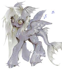  alternate_species bubble cross-eyed derpy_hooves ear_fins equid equine eyelashes fangs female feral fin fluffy friendship_is_magic grey_body hasbro hi_res horse mammal marine my_little_pony p0nyplanet pony scales simple_background singing siren solo teeth wings yellow_eyes 