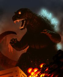  4n black_body black_scales blast broken_building city_destruction destruction fangs feral godzilla godzilla_(series) kaiju open_mouth orange_eyes reptile scales scalie teeth toho 