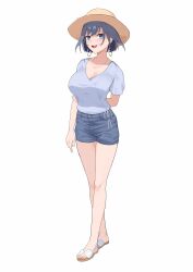  :d absurdres alternate_costume arm_behind_back blue_eyes blue_hair blue_shorts breasts casual crossed_legs earrings female hat highres hololive hololive_english hoop_earrings jewelry large_breasts ouro_kronii purple_shirt sandals shift_(shiftillust) shirt short_hair short_shorts shorts simple_background smile solo sun_hat watson_cross white_background 