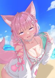  absurdres animal_ear_fluff animal_ears antenna_hair arm_cutout beach bikini blue_sky blunt_bangs braid breasts choker cleavage cloud collarbone day fangs female frilled_bikini frilled_choker frilled_hoodie frills hair_ornament hairclip hakui_koyori hakui_koyori_(summer) heart_bikini highres hololive large_breasts long_sleeves looking_at_viewer namakatsu o-ring o-ring_bikini ocean open_mouth outdoors partially_unzipped pink_hair pink_nails purple_eyes ribbon-trimmed_sleeves ribbon_trim short_hair sky smile smug solo swimsuit undressing virtual_youtuber water white_bikini white_choker wolf_ears wolf_girl zipper 