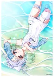  arm_warmers artist_name bandaid bandaid_on_cheek bandaid_on_face bandaid_on_knee bandaid_on_leg blue_bow blue_eyes blunt_bangs bow breasts bridal_garter character_name collarbone commentary covered_navel female foot_out_of_frame garter_straps green_hair hairbow hand_on_own_chest hand_on_own_head hand_up hashtag-only_commentary highres indie_virtual_youtuber inflatable_armbands looking_at_viewer lying maid_headdress medium_breasts medium_hair mint_fantome multicolored_hair name_tag on_back one-piece_swimsuit single_garter_strap single_thighhigh smile solo strap_slip swimsuit takezomitsurugi thighhighs twitter_username two_side_up upside-down virtual_youtuber water white_hair white_one-piece_swimsuit 