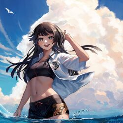  arm_up bikini bikini_shorts bikini_under_clothes bird black_bikini black_eyes blunt_bangs blunt_ends breasts brown_hair cloud cloudy_sky collared_shirt cowboy_shot day female highres light_particles long_hair looking_at_viewer medium_breasts navel open_clothes open_mouth open_shirt outdoors protagonist_2_(housamo) shirt shorts sidelocks sky smile solo sports_bikini swimsuit tass_commuovere tokyo_afterschool_summoners toned_female wading water water_drop white_shirt 