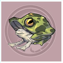  ambiguous_gender amphibian artist_logo border brown_background dragonfetus elemental_creature feral frog full-length_portrait fungi_fauna fungus green_body hi_res hybrid logo membrane_(anatomy) portrait simple_background smile solo white_body white_border yellow_eyes 