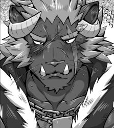  anthro blush boneless_hamham broken_horn clothing demon facial_hair facial_scar felid hoodie horn krampus_(tas) lifewonders lion male mammal mane pantherine pecs scar sideburns solo tokyo_afterschool_summoners topwear tusks 