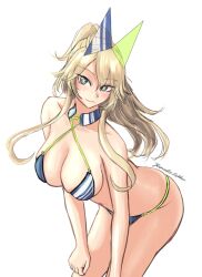  azur_lane bikini blonde_hair blue_bikini blue_eyes breasts cleavage cosplay cowboy_shot criss-cross_halter female halterneck headgear iowa_(kancolle) kantai_collection large_breasts long_hair new_jersey_(azur_lane) new_jersey_(azur_lane)_(cosplay) new_jersey_(midsummer_leisure)_(azur_lane) ponytail rekka_yamato simple_background smile solo striped_bikini striped_clothes swimsuit trait_connection white_background 