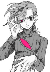  1boy braid c73an clothing_cutout diavolo eyelashes fingernails freckles greyscale grimace highres jojo_no_kimyou_na_bouken long_sleeves looking_at_viewer male_focus midriff monochrome ribbed_sweater solo spot_color sweater turtleneck turtleneck_sweater upper_body vento_aureo vinegar_doppio 