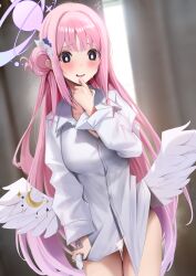  absurdres amane_sora angel_wings blue_archive blush breasts buttons collared_shirt cowboy_shot crescent crescent_pin feathered_wings female flower hair_bun hair_flower hair_ornament halo highres large_breasts long_hair long_sleeves mika_(blue_archive) open_mouth pink_hair pink_halo purple_flower shirt single_side_bun solo white_shirt white_wings wings 