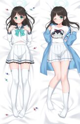  airi_(band)_(blue_archive) airi_(blue_archive) bed_sheet black_hair black_sailor_collar blue_archive blue_jacket blush breasts closed_mouth dakimakura_(medium) female green_eyes green_halo halo highres jacket kurisu-kun long_hair long_sleeves looking_at_viewer multiple_views official_alternate_costume one_eye_closed open_clothes open_jacket parted_lips pleated_skirt sailor_collar school_uniform serafuku shirt skirt small_breasts smile socks thighhighs tongue tongue_out white_shirt white_skirt white_socks white_thighhighs 