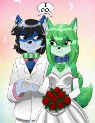  2020 2_tails abstract_background absurd_res anthro anthro_on_anthro armwear black_eyebrows black_hair black_necktie black_nose black_text blue_collar blue_ears blue_inner_ear blue_inner_ear_fluff bouquet breasts canid canine cleavage clothed clothed_anthro clothed_female clothed_male clothing collar collar_tag countershading dialogue digit_ring dress dress_shirt duo elbow_gloves english_text eye_contact eye_through_hair eyebrow_through_hair eyebrows eyelashes female finger_ring flower fluffy fluffy_tail fox front_view fur gloves gold_ring green_body green_collar green_ears green_eyebrows green_fur green_hair green_inner_ear green_inner_ear_fluff green_tail hair hand_holding handwear hazardhead69 hi_res holding_bouquet holding_flower holding_object husband_and_wife inner_ear_fluff intraspecies jacket jewelry long_hair looking_aside looking_at_another male male/female mammal married_couple medium_breasts medium_hair mouth_closed multi_tail necktie pink_clothing pink_shirt pink_topwear plant red_eyes red_flower rika_(hazardhead69) ring romantic romantic_couple rori_(hazardhead69) rose_(flower) shared_dialogue shirt smile snout speech_bubble standing suit tail text topwear translucent translucent_hair tuft wedding wedding_dress wedding_ring white_clothing white_dress white_gloves white_handwear white_jacket white_suit white_topwear 