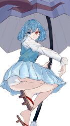  ass blue_eyes blue_hair blue_skirt blue_vest brown_footwear commentary feet female geta heterochromia highres karakasa_obake kashiwada_kiiho legs long_sleeves looking_at_viewer panties pleated_skirt purple_umbrella red_eyes shirt skirt solo tatara_kogasa toes touhou umbrella underwear vest white_panties white_shirt 