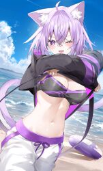  absurdres ahoge animal_ear_fluff animal_ears beach bikini bikini_top_only black_bikini black_hood blue_sky breasts cat_ears cat_girl cat_tail cleavage clothes_lift commentary_request cowboy_shot female highres hololive kamioka_shun&#039;ya large_breasts navel nekomata_okayu nekomata_okayu_(1st_costume) ocean one_eye_closed pants purple_eyes purple_hair purple_tail sand shirt_lift short_hair sky solo sweat swim_ring swimsuit tail virtual_youtuber water wet white_pants 