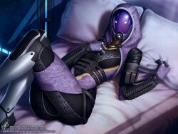  2018 alien armor ass bed bedroom belt bioware bodysuit breasts clothing electronic_arts female furniture gloves glowing glowing_eyes greaves handwear headgear helmet hood humanoid inside looking_at_viewer lying mass_effect on_bed pillow pillow_grab pinup pose quarian skinsuit solo space tali&#039;zorah themaestronoob tight_clothing watermark wide_hips window 