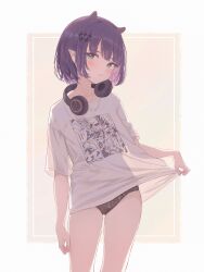  :&lt; absurdres animal_ears black_panties blue_eyes blunt_bangs blush closed_mouth clothes_pull collarbone cowboy_shot female hair_ornament headphones headphones_around_neck highres hololive hololive_english knees_out_of_frame lace lace_panties light_blush looking_at_viewer midori_xu mole mole_under_eye ninomae_ina&#039;nis ninomae_ina&#039;nis_(loungewear) no_pants official_alternate_costume official_alternate_hairstyle panties pointy_ears purple_hair see-through shirt shirt_pull short_hair short_sleeves sidelocks simple_background solo standing symbol-shaped_pupils t-shirt underwear virtual_youtuber white_background white_shirt 