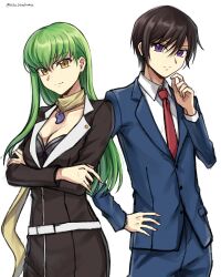  1boy artist_name belt black_bra black_hair blue_jacket blue_pants blue_suit bra c.c. closed_mouth code_geass collarbone collared_shirt crossed_arms female green_eyes hair_between_eyes hand_on_own_hip highres jacket lelouch_vi_britannia long_hair long_sleeves necktie pants purple_eyes red_necktie setu_kurokawa shirt short_hair simple_background smile standing suit twitter_username underwear watermark white_background white_belt white_shirt yellow_eyes 