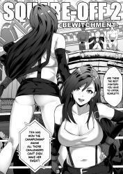  2boys 2girls absurdres bayonetta bayonetta_(series) breasts cleavage final_fantasy greyscale hand_on_own_hip highres long_hair looking_at_viewer midriff monochrome multiple_boys multiple_girls navel scarlet_(ff7) smile speech_bubble tifa_lockhart ultimateheaven 