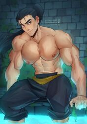  1boy abs artist_name baggy_pants bara belt biceps black_eyes black_hair blurry blurry_background brick_wall dungeon_meshi highres huge_pectorals long_hair looking_to_the_side male_focus manly mature_male moss muscular muscular_male nipples pants pectorals ponytail shurou signature solo soynutts thick_arms thick_eyebrows topless_male twitter_username veins water 