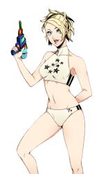  arm_behind_back bare_legs bare_shoulders bikini blonde_hair blue_eyes collarbone eightyfourart feet_out_of_frame female hand_up holding holding_water_gun lisa_silverman long_hair looking_at_viewer navel open_mouth persona persona_2 persona_2_tsumi print_bikini solo star_(symbol) star_print stomach swimsuit transparent_background turtleneck water_gun white_bikini 