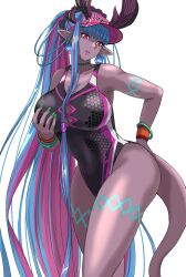  bare_shoulders black_one-piece_swimsuit blue_hair body_markings breast_cutout breasts colored_skin dark-skinned_female dark_skin fate/grand_order fate_(series) female grey_skin hat highleg highleg_swimsuit highres hip_dips horns ibuki_douji_(fate) ibuki_douji_(swimsuit_berserker)_(fate) ibuki_douji_(swimsuit_berserker)_(first_ascension)_(fate) ksfactory long_hair multicolored_hair multiple_horns one-piece_swimsuit oni pink_hair pink_hat pink_one-piece_swimsuit pointy_ears ponytail red_eyes sidelocks swimsuit tail two-tone_swimsuit visor_cap 