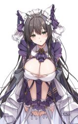  alternate_costume animal_ears apron as4gi azur_lane black_hair breasts cheshire_(azur_lane) cheshire_(azur_lane)_(cosplay) cleavage commission cosplay fake_animal_ears flower frilled_hairband frills green_eyes hair_flower hair_ornament hairband highres indomitable_(azur_lane) lace-trimmed_thighhighs large_breasts leaning_forward long_hair long_ribbon looking_at_viewer maid_headdress pixiv_commission purple_apron simple_background solo thighhighs v_arms very_long_hair white_background white_flower white_thighhighs 