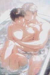  absurdres bathroom bathtub brown_hair closed_eyes closed_mouth collarbone completely_nude feet_out_of_frame grey_hair hair_between_eyes highres hug hug_from_behind ilay_riegrow in_bathtub indoors jeong_taeui knees licking licking_another&#039;s_neck male_focus nipples nude open_mouth passion_(manhwa) pectorals short_hair tongue tongue_out twitter_username water whiteislife_4 yaoi 