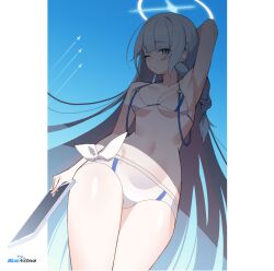  armpits bare_arms bare_legs bare_shoulders bikini blue_archive blue_eyes blue_hair blue_halo braid breasts cowboy_shot female general_student_council_president_(blue_archive) halo highres long_hair medium_breasts nnn051821 one_eye_closed single_braid solo swimsuit white_bikini 