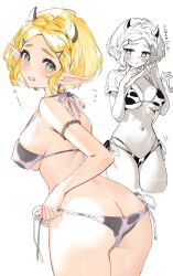  animal_print ass bikini blonde_hair blush braid breasts clothes_lift commentary_request cow_horns cow_print cow_print_bikini crown_braid embarrassed female green_eyes greyscale highres horns large_breasts lifting_own_clothes looking_at_viewer monochrome multiple_views navel parted_bangs pointy_ears princess_zelda print_bikini shirt_lift short_hair shuri_(84k) side-tie_bikini_bottom sideboob swimsuit the_legend_of_zelda the_legend_of_zelda:_tears_of_the_kingdom tying_bikini untied_bikini white_background 