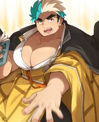  1boy aqua_hair bara book collared_shirt cowboy_shot eyebrow_cut facial_hair facial_mark forehead_mark frown goatee_stubble highres holding holding_book huge_eyebrows huge_pectorals large_hands looking_at_viewer male_focus manboobs motion_blur multicolored_hair muscular muscular_male pectoral_cleavage pectorals sanpaku sanzou_(housamo) saund_r_pu shirt short_hair sideburns_stubble solo standing streaked_hair stubble tokyo_afterschool_summoners 