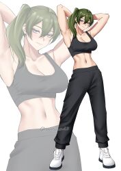  absurdres armpits arms_up black_pants black_sports_bra breasts cleavage closed_mouth collarbone female full_body green_hair highres looking_at_viewer medium_breasts navel obosounds pants purple_eyes shoes side_ponytail simple_background sneakers solo sousou_no_frieren sports_bra stomach ubel_(sousou_no_frieren) white_background white_footwear zoom_layer 