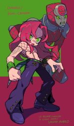  2boys absurdres belt black_footwear c73an character_name copyright_name diavolo fishnet_top fishnets green_belt green_eyes green_wristband grimace highres jojo_no_kimyou_na_bouken king_crimson_(stand) looking_at_viewer male_focus multiple_boys open_mouth pants pink_hair purple_pants stand_(jojo) sweatdrop two-tone_background vento_aureo 