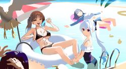  4girls absurdres animal bare_arms bare_legs bare_shoulders barefoot bikini bird black_bikini black_hair black_one-piece_swimsuit blue_archive breasts brown_eyes brown_hair casual_one-piece_swimsuit cleavage closed_mouth collarbone food frilled_one-piece_swimsuit frills glasses grey_hair highres holding holding_food jiki_(gkdlfnzo1245) large_breasts long_hair long_sleeves miyako_(blue_archive) miyako_(swimsuit)_(blue_archive) miyu_(blue_archive) miyu_(swimsuit)_(blue_archive) moe_(blue_archive) moe_(swimsuit)_(blue_archive) multiple_girls no_halo off-shoulder_one-piece_swimsuit off_shoulder official_alternate_costume one-piece_swimsuit open_mouth ponytail pool pool_ladder popsicle purple_eyes rabbit_platoon_(blue_archive) raglan_sleeves rash_guard saki_(blue_archive) saki_(swimsuit)_(blue_archive) seagull short_hair small_breasts smile swimsuit tongue tongue_out twintails unfinished unworn_eyewear water 