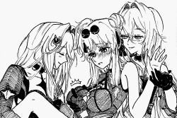  3girls blush breasts choker closed_eyes crosshatching gloves grabbing grabbing_another&#039;s_breast hair_ornament hairpin hatching_(texture) highres honkai_(series) honkai_impact_3rd long_hair lying monochrome multiple_girls round_eyewear songque_(honkai_impact) tearing_up thelema_(honkai_impact) upper_body uze_va white_background yuri 