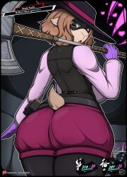  absurd_res accidental_hypnosis anthro ass atlus axe belt big_butt bottomwear bovid breasts brown_eyes brown_hair butt_focus caprine clothing eye_mask female gameplay_mechanics gloves goat hair handwear haru_okumura hat headgear headwear heart_symbol hi_res horizontal_pupils hypnosis mammal megami_tensei megami_tensei_persona melee_weapon mind_control pants persona_(series) persona_5 pupils sega short_hair side_boob solo standing suprised_look text topwear vest weapon zak_hitsuji 