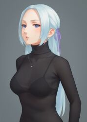  black_bra blush bra breasts earrings edelgard_von_hresvelg female fire_emblem fire_emblem:_three_houses grey_hair highres jewelry long_hair medium_breasts miura-n315 purple_eyes purple_ribbon ribbon see-through simple_background solo sweater underwear very_long_hair 