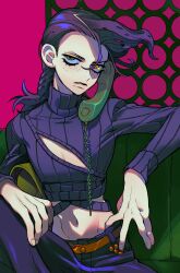  1boy belt booth_seating braid brown_belt c73an closed_mouth clothing_cutout diavolo eyelashes fingernails freckles hair_between_eyes highres jojo_no_kimyou_na_bouken male_focus midriff navel phone purple_sweater ribbed_sweater sitting solo sweater vento_aureo vinegar_doppio 