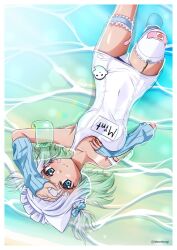  arm_warmers artist_name bandaid bandaid_on_cheek bandaid_on_face bandaid_on_knee bandaid_on_leg blue_bow blue_eyes blunt_bangs bow breasts bridal_garter character_name collarbone commentary covered_navel english_commentary female foot_out_of_frame garter_straps green_hair hairbow hand_on_own_chest hand_on_own_head hand_up highres indie_virtual_youtuber inflatable_armbands looking_at_viewer lying maid_headdress medium_breasts medium_hair mint_fantome multicolored_hair name_tag on_back one-piece_swimsuit one-piece_tan single_garter_strap single_thighhigh smile solo strap_slip swimsuit takezomitsurugi tan tanlines thighhighs twitter_username two_side_up upside-down virtual_youtuber water white_hair white_one-piece_swimsuit 