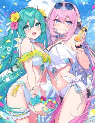  2girls aqua_eyes aqua_hair aqua_nails aqua_scrunchie ball beachball bikini blue_eyes blush bottle bowl breasts commentary_request company_name cowboy_shot crypton_future_media eyewear_on_head flower glass_bowl gradient_sarong hair_between_eyes hair_flower hair_ornament hand_on_another&#039;s_shoulder hatsune_miku hisen_kaede holding holding_ball holding_beachball holding_bottle juice long_hair looking_at_viewer medium_breasts megurine_luka multiple_girls nail_polish navel official_art orange_juice outdoors pink_flower pink_hair pink_sarong sarong scrunchie small_breasts sunglasses swimsuit transparent_beachball very_long_hair vocaloid white_bikini white_flower wrist_scrunchie yellow_flower 