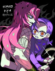  2boys anger_vein black_background braid c73an cleavage_cutout clothing_cutout diavolo eyelashes fishnet_top fishnets freckles glint green_eyes highres holding holding_weapon jojo_no_kimyou_na_bouken lipstick long_hair long_sleeves makeup male_focus multiple_boys orange_eyes pink_hair purple_hair ribbed_sweater shoulder_tattoo sweatdrop sweater tattoo translation_request vento_aureo vinegar_doppio weapon 