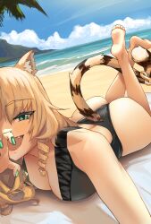  absurdres animal_ears arknights ass barefoot blonde_hair breasts cleavage female green_nails highres looking_at_viewer open_mouth outdoors radioneet smile solo swimsuit swire_(arknights) tail tiger_ears tiger_girl tiger_tail 