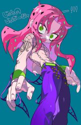  1boy abs absurdres belt blue_background c73an diavolo eyelashes feet_out_of_frame fingernails fishnet_top fishnets green_belt green_eyes green_wristband highres jojo_no_kimyou_na_bouken looking_at_viewer male_focus open_mouth pants pink_hair purple_pants shoulder_tattoo solo tattoo translation_request vento_aureo 