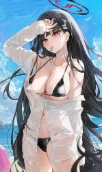  alternate_costume arm_up bare_shoulders beach bikini black_bikini blue_archive blush breasts bright_pupils cleavage day dema_hmw female hair_ornament halo highres large_breasts long_hair navel off_shoulder outdoors partially_unbuttoned red_eyes rio_(blue_archive) see-through shirt solo swimsuit thighs underboob water wet wet_clothes whistle white_pupils white_shirt 