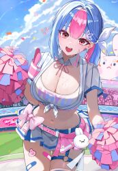  absurdres bandaid belt bing_hayu blue_hair breasts cheerleader cleavage female highres kkato large_breasts looking_at_viewer luvdia miniskirt mole mole_on_breast multicolored_hair navel open_mouth outdoors pink_eyes pink_hair pom_pom_(cheerleading) skirt sky smile solo sweat two-tone_hair virtual_youtuber 