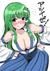  absurdres blue_skirt blush breasts cleavage closed_mouth commentary_request detached_sleeves female flying_sweatdrops frog_hair_ornament green_hair hair_ornament highres kochiya_sanae large_breasts long_hair looking_at_viewer sen_(daydream_53) shirt simple_background skirt smile snake_hair_ornament solo touhou translation_request upper_body white_background white_shirt 