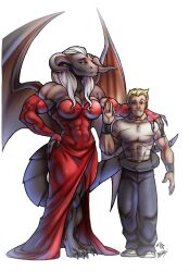  anthro b-man beelzebub_(jasonvuk666) clothing demon dragon dress duo female hi_res human larger_female male male/female mammal married_couple mythological_creature mythological_scalie mythology red_clothing red_dress scalie size_difference urusai_wrangler 