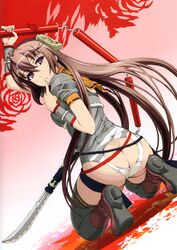  absurdres antenna_hair arm_up ass ass_cutout black_thighhighs boots brown_hair butt_crack clothing_cutout dutch_angle female finger_to_mouth from_behind gradient_background hair_ornament high_heels highres holding holding_weapon hyakka_ryouran_samurai_girls knee_boots kneeling long_hair looking_at_viewer looking_back nishii_(damnedrive) nunchaku polearm purple_eyes scan short_sleeves solo thighhighs tokugawa_sen weapon 