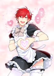  1boy alternate_costume chinese_commentary chinese_text commentary_request crossdressing enmaided gekkan_shoujo_nozaki-kun heart heart_hands maid maid_headdress male_focus mikoshiba_mikoto open_mouth red_eyes red_hair smile solo soul_(tamashii) thighhighs translated white_thighhighs 