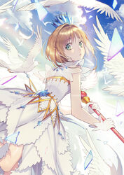  above_clouds antenna_hair blue_sky cardcaptor_sakura cardcaptor_sakura_clear_card_arc cloud commentary_request crown dress ecoliff feet_out_of_frame female flying from_behind gem gloves green_eyes hair_intakes holding holding_wand kinomoto_sakura kinomoto_sakura_(crystal_feather_dress) light_brown_hair looking_at_viewer looking_back magical_girl parted_lips photoshop_(medium) short_hair sky sleeveless sleeveless_dress solo sun sunlight wand white_dress white_gloves wings yume_no_tsue 