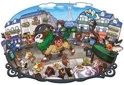  4boys 5girls baguette baseball_cap beauty_(pokemon) black_hair blue_eyes bread building calem_(pokemon) car chespin city copyright_name eyewear_on_head fennekin fletchling food froakie garcon_(pokemon) gogoat hat highres horns logo lumiose_city marill motor_vehicle multiple_boys multiple_girls official_art oomura_yuusuke outdoors pokemon pokemon_(creature) pokemon_xy riding riding_pokemon road starter_pokemon_trio street sunglasses tower traffic waiter 