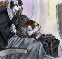  2016 aircraft airplane anthro avian bedding bird blanket canid canine canis clothed clothing collar conditional_dnp domestic_dog duo_focus fully_clothed group head_on_lap hyena kindness kiwi_(bird) laszlo_(stripeyyena) male male/male mammal on_lap paws ratite sleeping striped_hyena traditional_media_(artwork) urban-coyote vehicle 